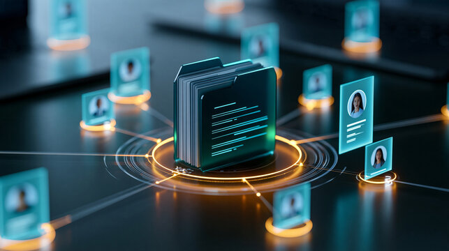 Central digital folder connected to multiple user profiles and shared documents, collaborative cloud storage, access management, team productivity, document sharing, corporate