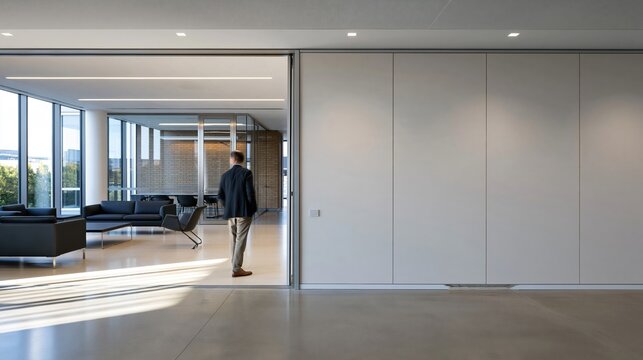 Blank partition wall in a modern office lobby with a polished floor and charcoal seating, ideal for signage mockup and workplace branding