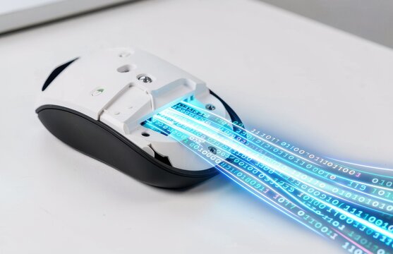 Computer mouse transmitting digital data through binary code beams
