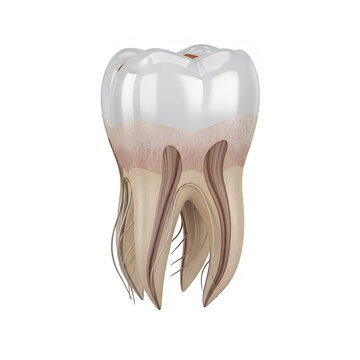 Human molar tooth with visible roots and crown structure