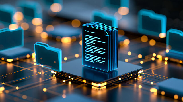 Digital document surrounded by interconnected virtual folders on a dark technology background, file sharing, document organization, cloud storage, information network, electronic