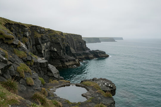 Rugged dark gray volcanic cliff beside calm blue-green sea from elevated shoreline