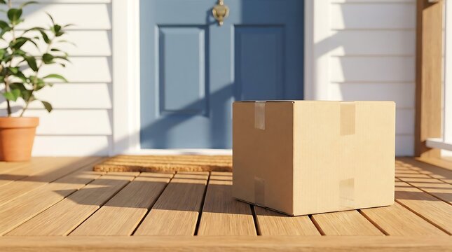Cardboard delivery box left on wooden porch near blue door and plant, doorstep parcel for home receiving goods.