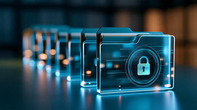 Physical folders transforming into a secure glowing digital archive, document digitization, electronic records management, cloud storage, paperless office, information security,
