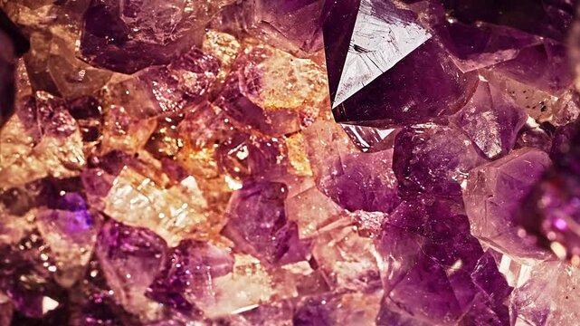 Close up view of a natural raw purple amethyst crystal showing detailed crystal formations, translucent facets, and beautiful mineral textures.