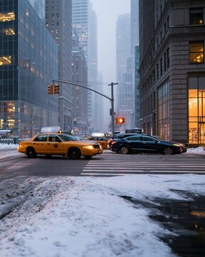 New York avenue during a snowfall with yellow taxis waiting at a crossing, muted atmospheric city street for winter news and travel features