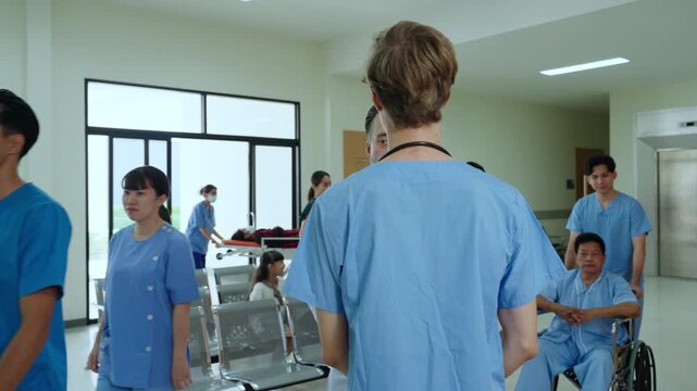 Hospital clinic waiting room reception nurse doctor patient wheelchair interior care feel modern bright clean calm with waiting moving helping gently proceeding quietly hopeful