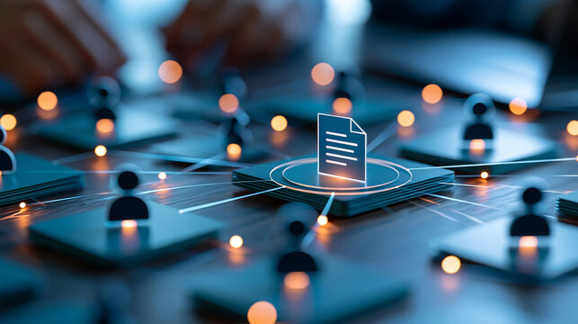 Abstract network of faceless user silhouettes connected to one central glowing document, collaborative information sharing, centralized records, cloud teamwork, document