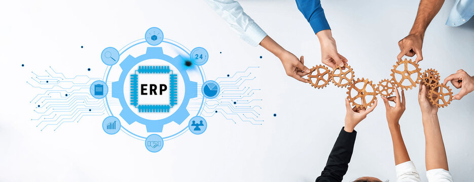 Team members collaborate by connecting gears, symbolizing the integration of ERP systems for enhancing business efficiency and optimizing project management processes. Trope