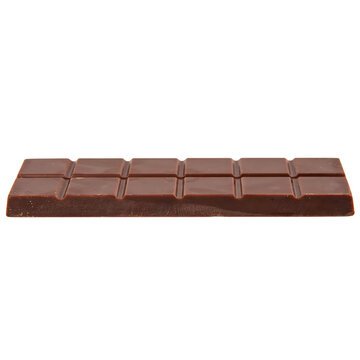 A single rectangular bar of smooth milk chocolate, divided into squares, viewed from the side, isolated on a solid black background, food