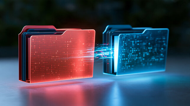 Red and blue digital folders transferring electronic documents across an encrypted network, cloud storage, secure information sharing, data migration, document synchronization,