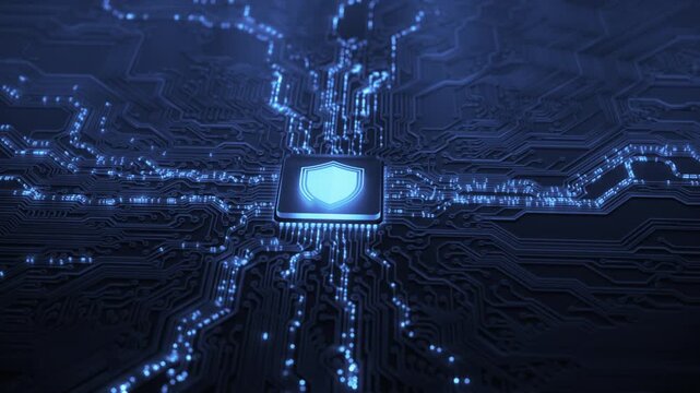 Digital security hologram of virtual shield lock icon on circuit board. Finance data privacy and VPN service protection concept. Blockchain and secure crypto wallet background. Private cloud storage