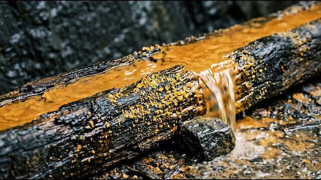Water running over a rotted pine adit timber sill of blackened wood encrusted with yellow mineral crystals
