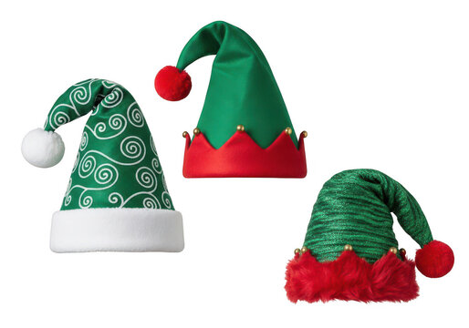 Set of three colorful festive elf hats isolated on transparent background