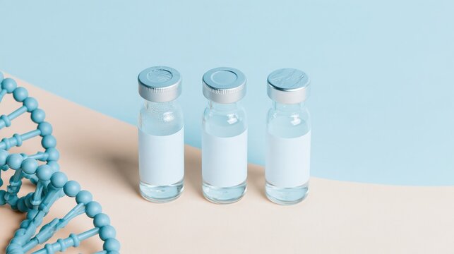 Three unlabelled medicine vials with blank labels stand beside a periwinkle blue double-helix model