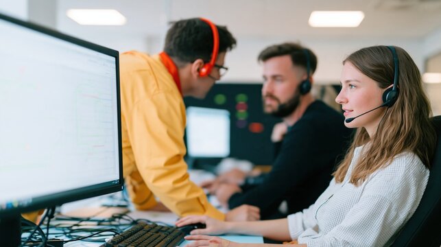 Cybersecurity staff wearing headsets monitor glowing workstations in a bright office, showing focused vigilance for network security and tech support