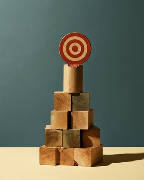 Small red target disc balancing on a pyramid of wooden blocks against a teal background, a precarious construction for business growth and goals