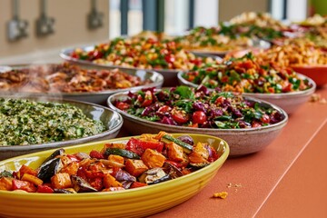 Fototapeta premium Catering buffet with steaming hot dishes and fresh salads on a terracotta counter, an abundant spread for a corporate event