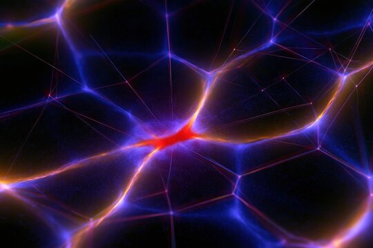 Data science network with a glowing red node cluster and blue connecting lines, featuring an electric digital field for technical backgrounds