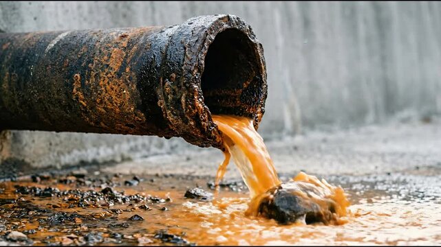 Water pouring from a cast iron drainage discharge pipe mouth with a pitted dark surface stained by iron scale