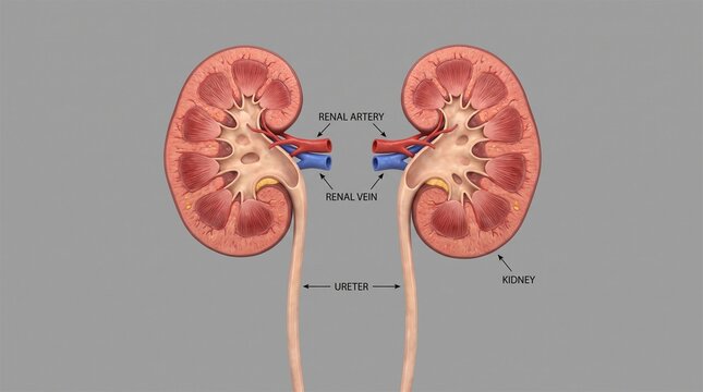 Anatomical illustration of human kidneys with ureters and renal vessels on grey