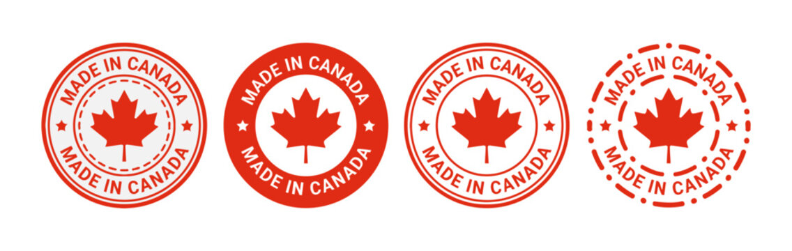 Set of made in canada red circular stamp vectors with maple leaf national canadian manufacturing shipping