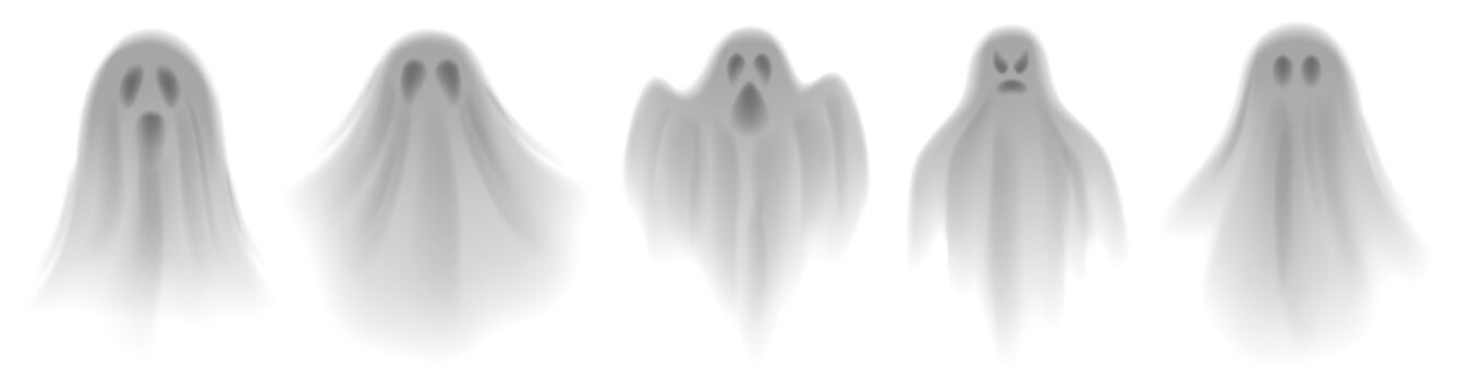 Set of realistic spooky ghosts. Collection of scary transparent ghosts for Halloween decoration. Vector illustration of 3d scary poltergeists or phantoms. Spooky spirits for holiday design.
