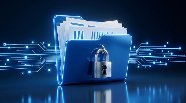 Digital blue folder with locked padlock icon represents secure data storage and protection of confidential information with glowing circuit board lines.