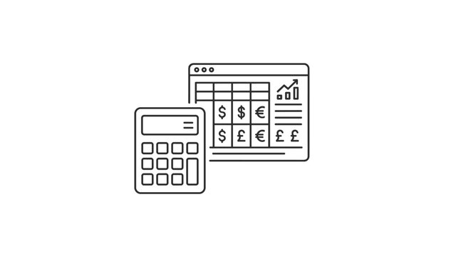 Financial accounting and bookkeeping concept featuring a calculator next to a digital financial spreadsheet window.
