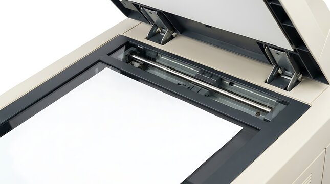 Flatbed scanner with open lid showing white paper inside, ready for digitizing documents and scanning for office work and home use.