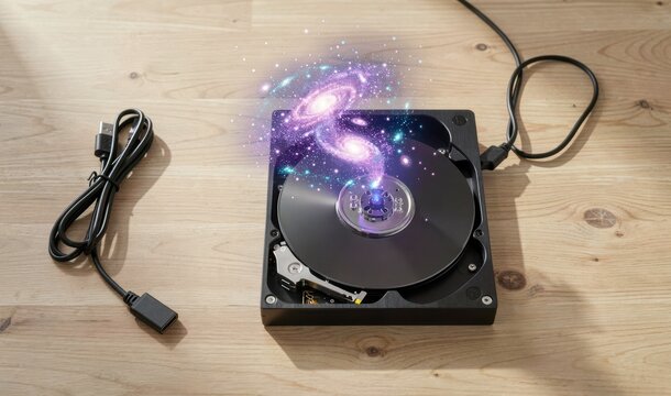 Open Hard Drive Emitting Glowing Purple Spiral Galaxy Projection