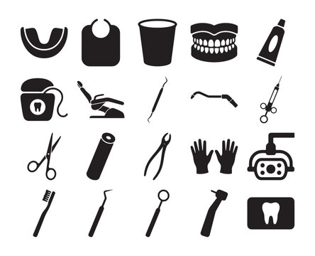 Dental icons set featuring flat black silhouettes of professional medical tools equipment and healthcare hygiene accessories for modern clinic design