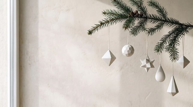 Minimalist white geometric ornaments hanging from a pine branch against a textured wall