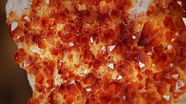 Macro view of a raw citrine crystal cluster highlighting its natural geometric facets, rich orange color, sparkling texture, and mineral structure.