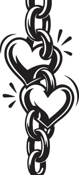 Interlocking hearts forming a chain link, symbol of strong connection and unity, black and white graphic design.