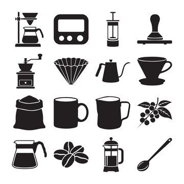 Coffee equipment vector icons collection featuring various brewing tools including grinders presses filters mugs and beans for professional cafe branding