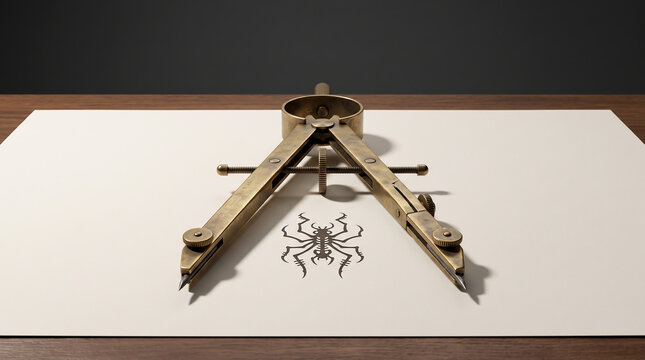 Antique Brass Drafting Compass Casting a Surreal Spider Creature Shadow on Blank Paper