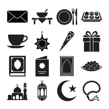 Islamic ramadan holiday celebration icons featuring black silhouette vector graphic elements for traditional muslim religious events and festive cultural gatherings