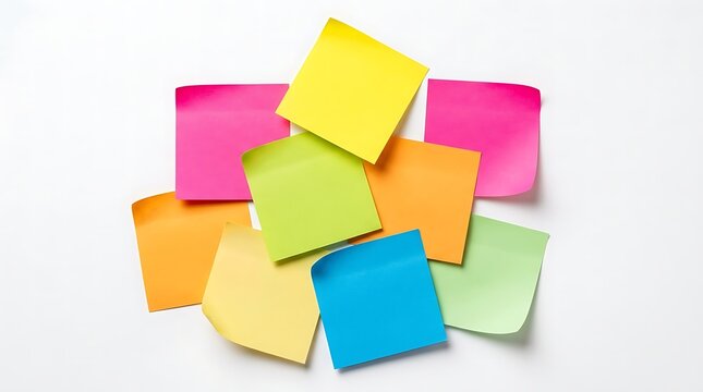Scattered colorful sticky notes in bright pink yellow orange blue and green shades arranged in creative overlapping layout isolated on clean white background.