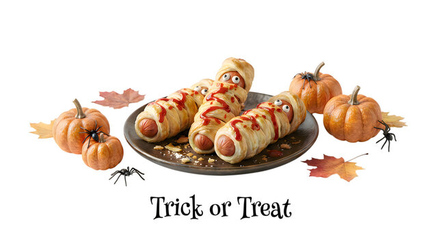 Delicious mummy hot dogs wrapped in dough for a fun and spooky halloween party food celebration