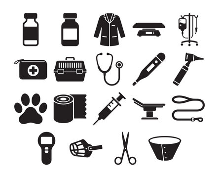 Veterinary medical equipment icons collection featuring black silhouette symbols for animal healthcare services presented in a clean professional vector graphic style