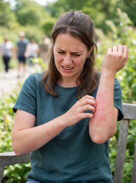 Young woman sitting on a park bench experiencing a severely inflamed red skin rash on arm in nature