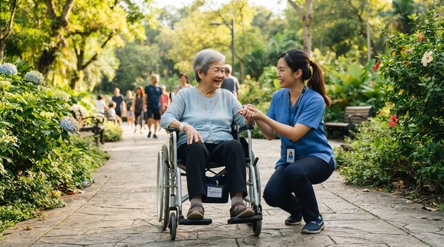 A Caring Healthcare Professional Assisting Smiling Elderly Woman in Wheelchair at Public Park Area