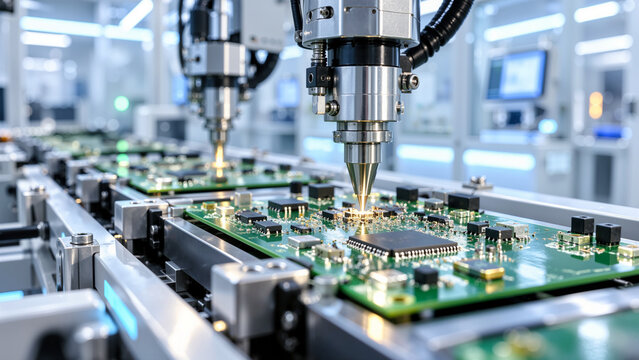 Automated Robotic SMT Assembly Line Manufacturing High-Precision Printed Circuit Boards with Advanced Microchip Soldering in Smart Factory