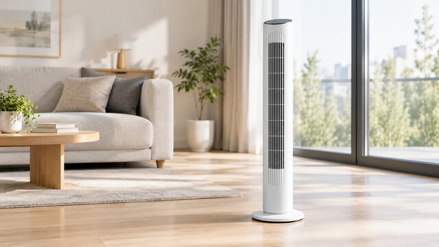 A modern living room featuring a tall, white tower fan beside a sofa with cushions, a wooden coffee table, and large windows letting in natural light.