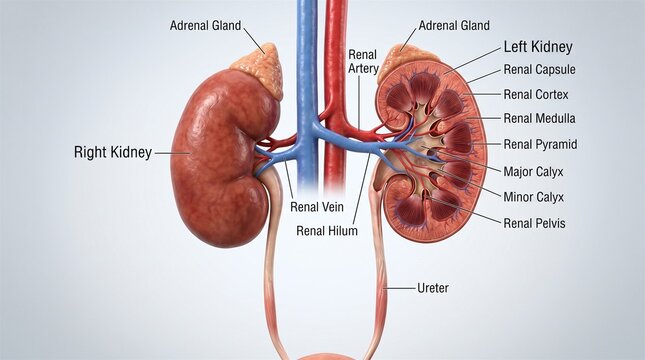 Anatomical diagram of human kidneys with ureters and adrenal glands on white background