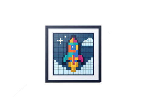 Colorful Pixel Art Rocket Ship Illustration Framed within a Square Border for Retro Gaming Aesthetic Design
