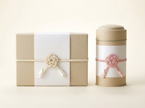 Traditional japanese gift box and tea caddy with decorative mizuhiki knots and subtle beige and pink tones.
