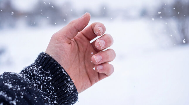 Cold pale fingertips in winter snowfall frostbite symptom