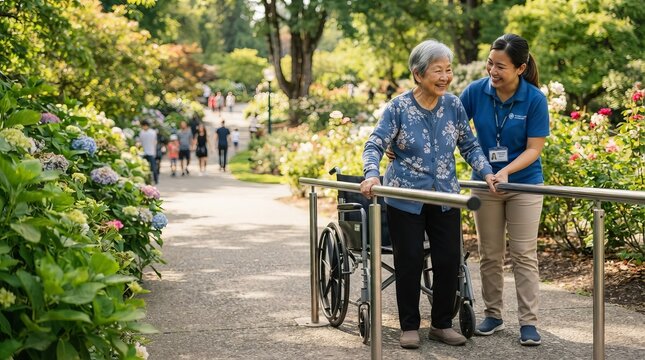A Supportive Caregiver Assisting A Senior Woman Exercising With Parallel Bars In A Garden Park